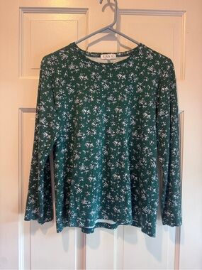 LAKE Green Floral Pima Cotton Long Sleeve Pajama Top Medium